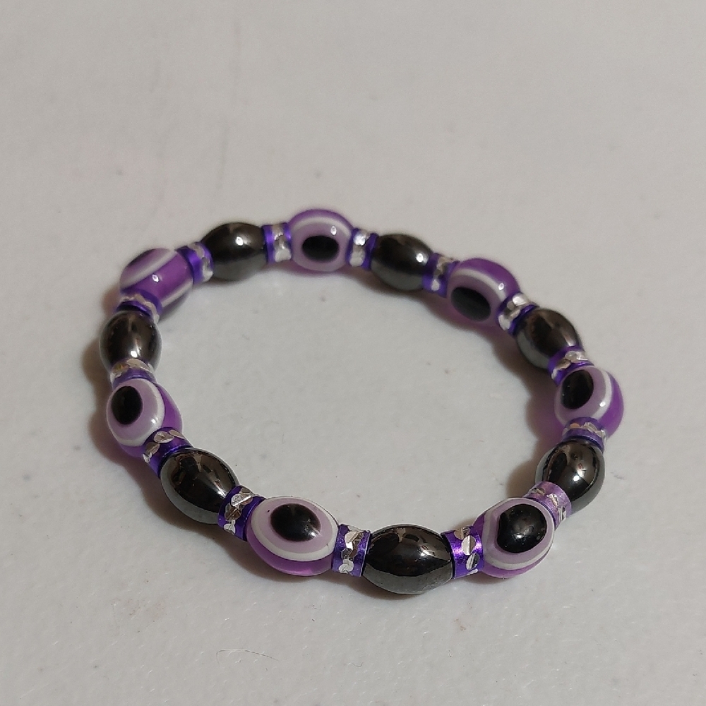 Purple Black Evil Eye Glass Beads Stretch Bracelet